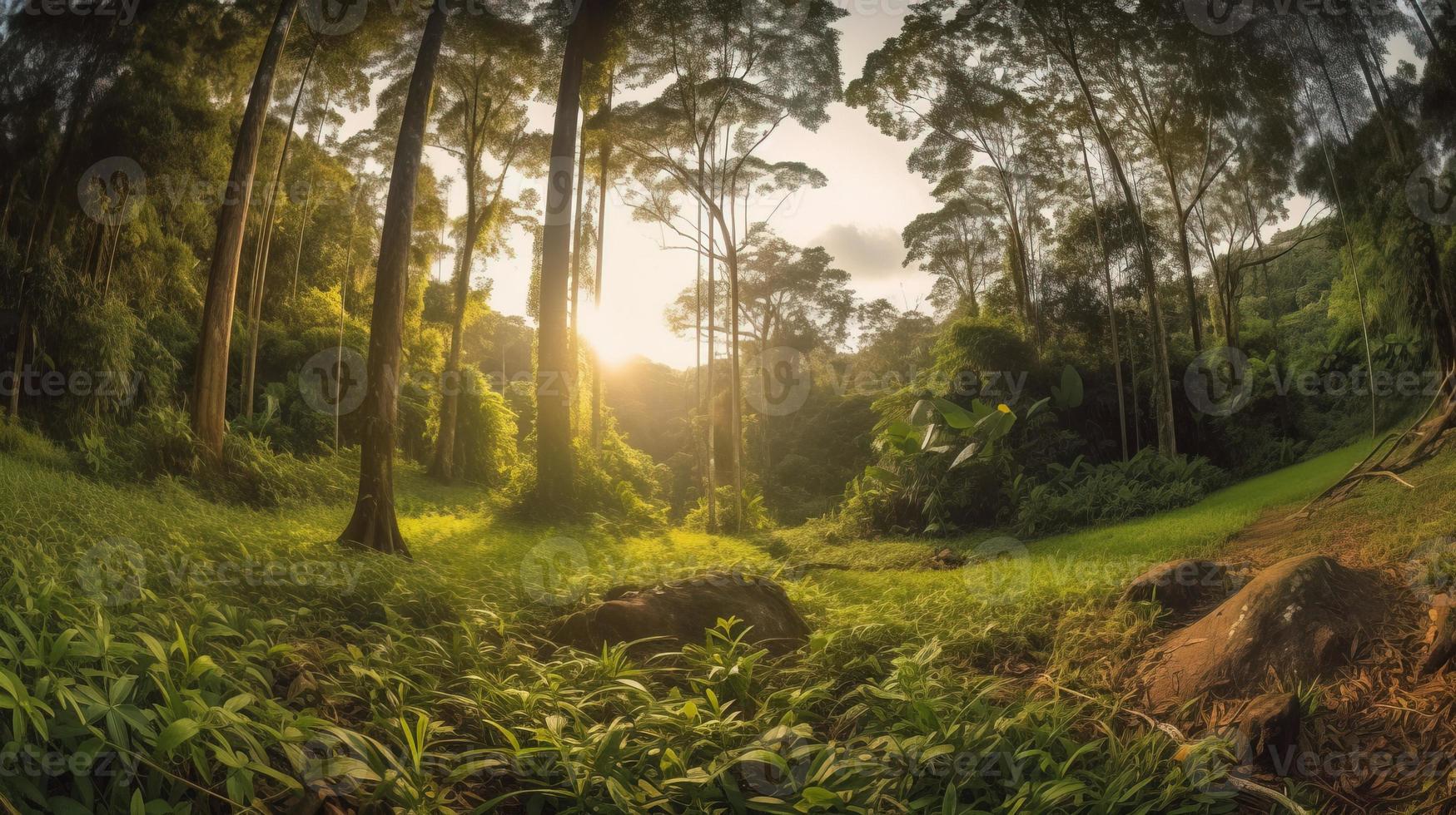 un' tranquillo, calmo foresta radura bagnata nel caldo luce del sole, circondato di alto alberi e lussureggiante fogliame, con un' dolce ruscello gocciolante attraverso il sottobosco e un' lontano montagna gamma visibile foto