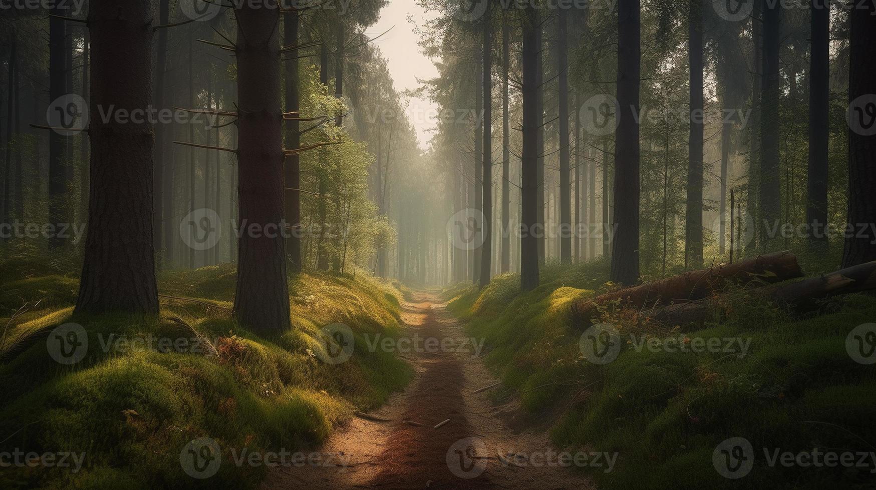 nebbioso sentiero attraverso il foresta ,tramonto nel un' buio foresta con raggi di leggero passaggio attraverso il alberi foto