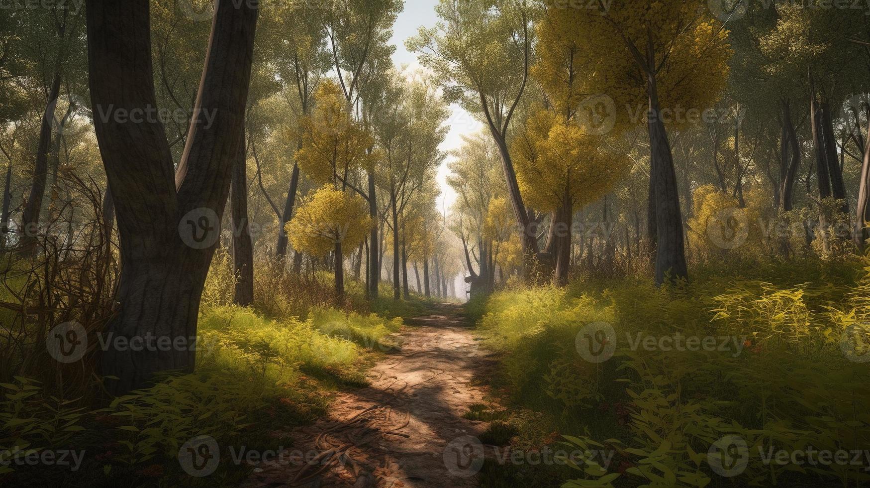 nebbioso sentiero attraverso il foresta ,tramonto nel un' buio foresta con raggi di leggero passaggio attraverso il alberi foto