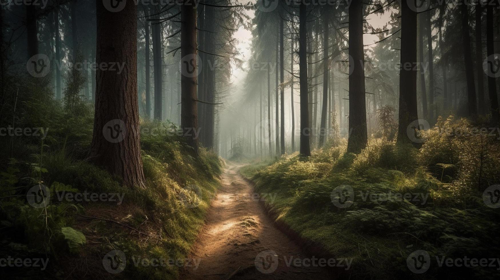 nebbioso sentiero attraverso il foresta ,tramonto nel un' buio foresta con raggi di leggero passaggio attraverso il alberi foto