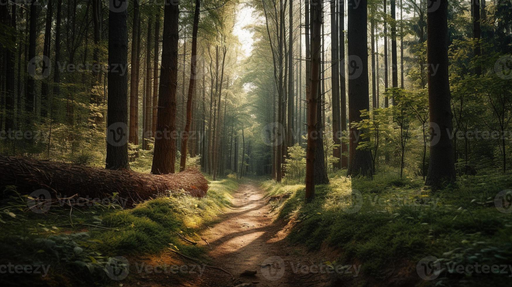 nebbioso sentiero attraverso il foresta ,tramonto nel un' buio foresta con raggi di leggero passaggio attraverso il alberi foto