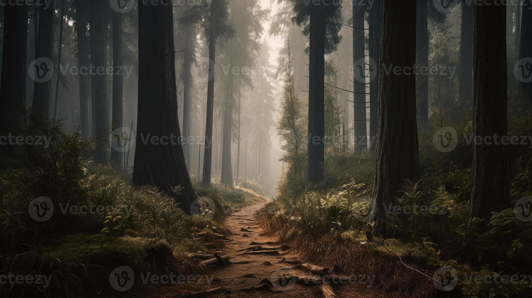 nebbioso sentiero attraverso il foresta ,tramonto nel un' buio foresta con raggi di leggero passaggio attraverso il alberi foto