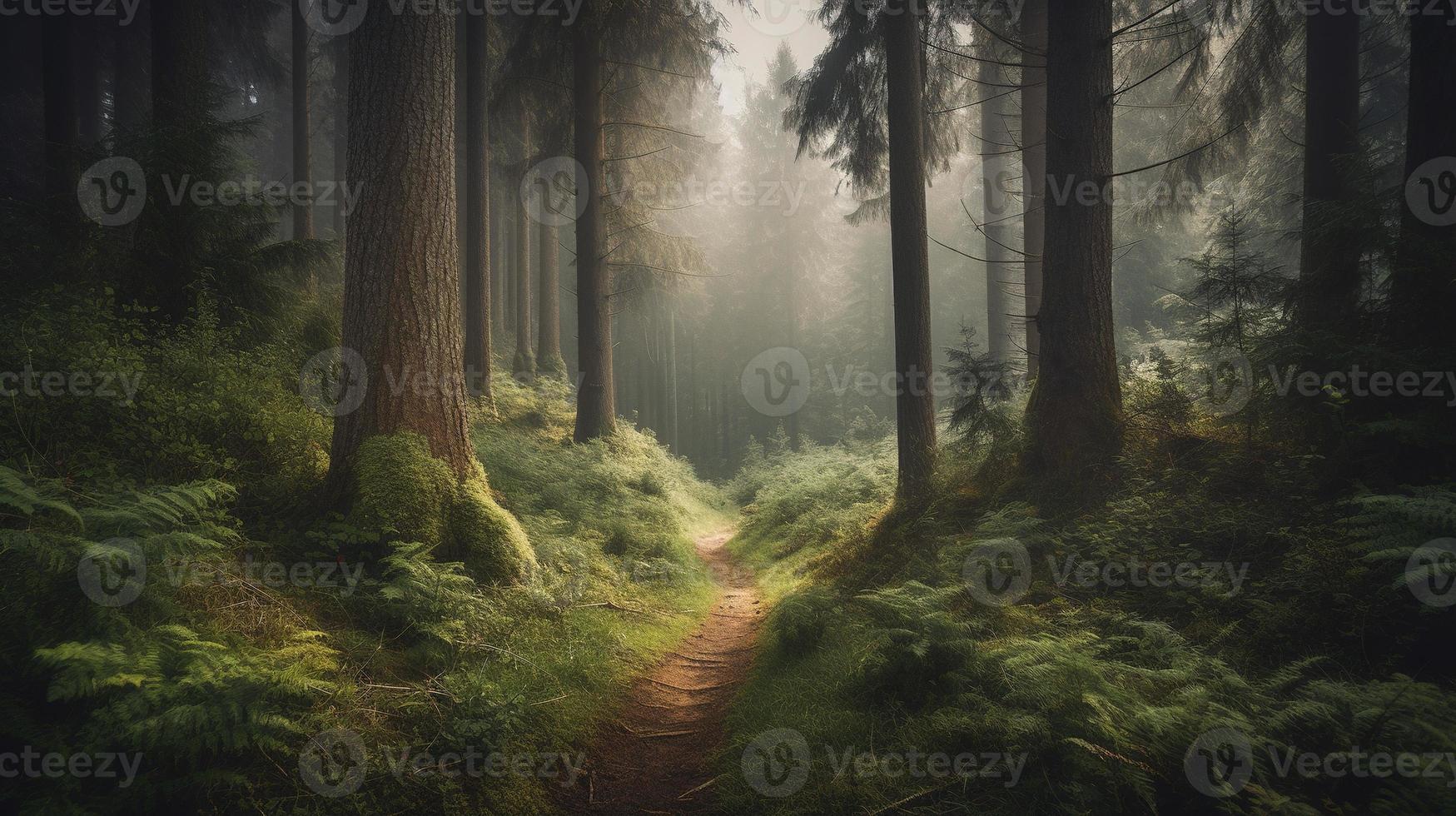 nebbioso sentiero attraverso il foresta ,tramonto nel un' buio foresta con raggi di leggero passaggio attraverso il alberi foto