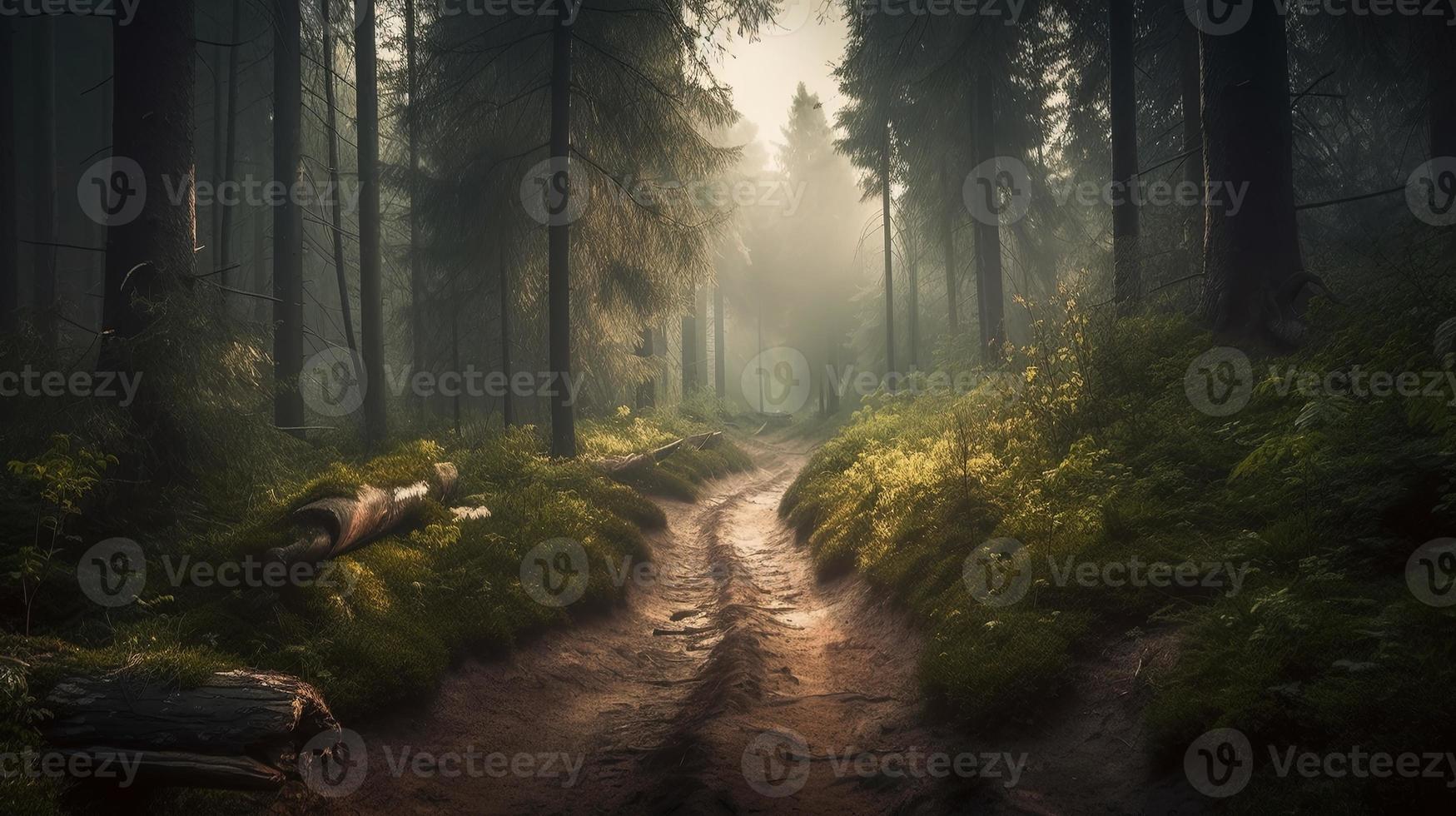 nebbioso sentiero attraverso il foresta ,tramonto nel un' buio foresta con raggi di leggero passaggio attraverso il alberi foto