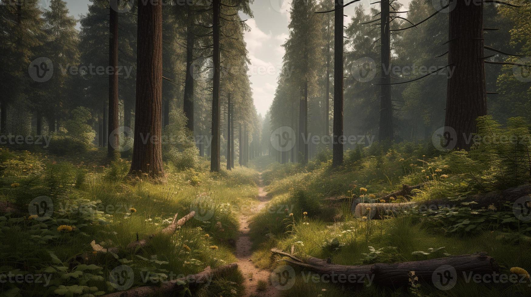 nebbioso sentiero attraverso il foresta ,tramonto nel un' buio foresta con raggi di leggero passaggio attraverso il alberi foto