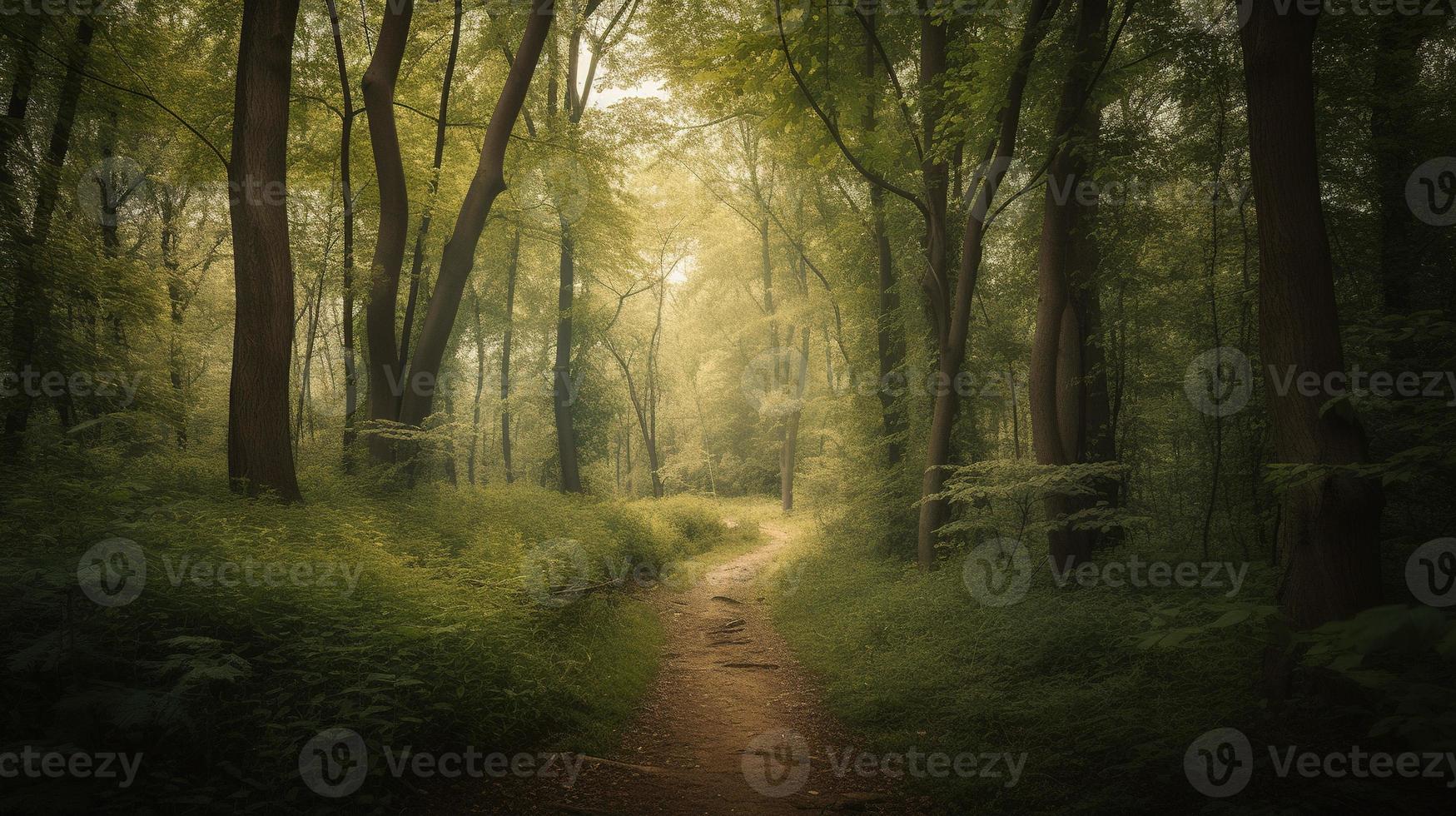 nebbioso sentiero attraverso il foresta ,tramonto nel un' buio foresta con raggi di leggero passaggio attraverso il alberi foto