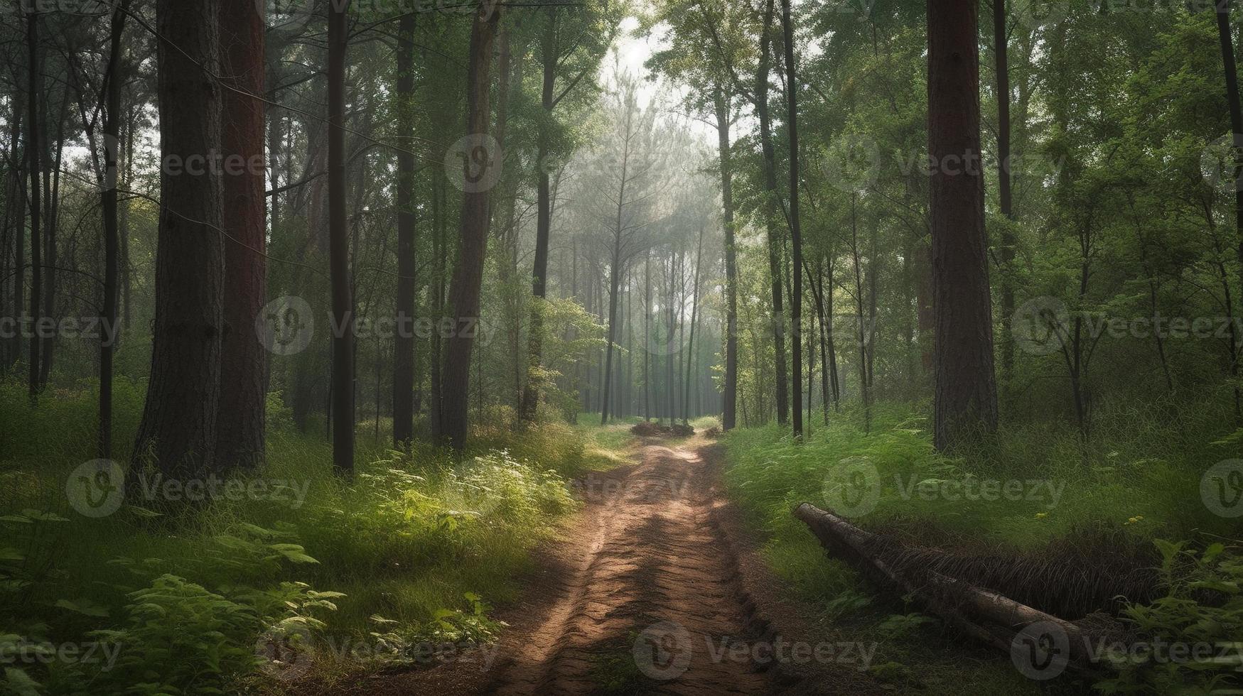 nebbioso sentiero attraverso il foresta ,tramonto nel un' buio foresta con raggi di leggero passaggio attraverso il alberi foto