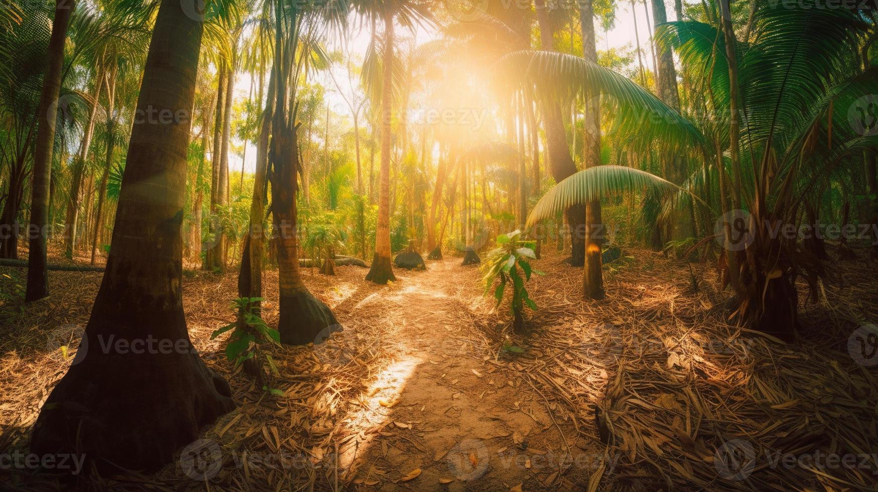 un' tranquillo, calmo foresta radura bagnata nel caldo luce del sole, circondato di alto alberi e lussureggiante fogliame, con un' dolce ruscello gocciolante attraverso il sottobosco e un' lontano montagna gamma visibile foto