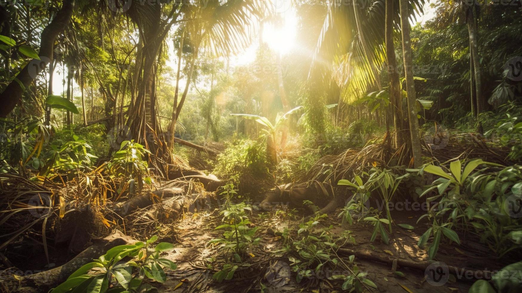 un' tranquillo, calmo foresta radura bagnata nel caldo luce del sole, circondato di alto alberi e lussureggiante fogliame, con un' dolce ruscello gocciolante attraverso il sottobosco e un' lontano montagna gamma visibile foto