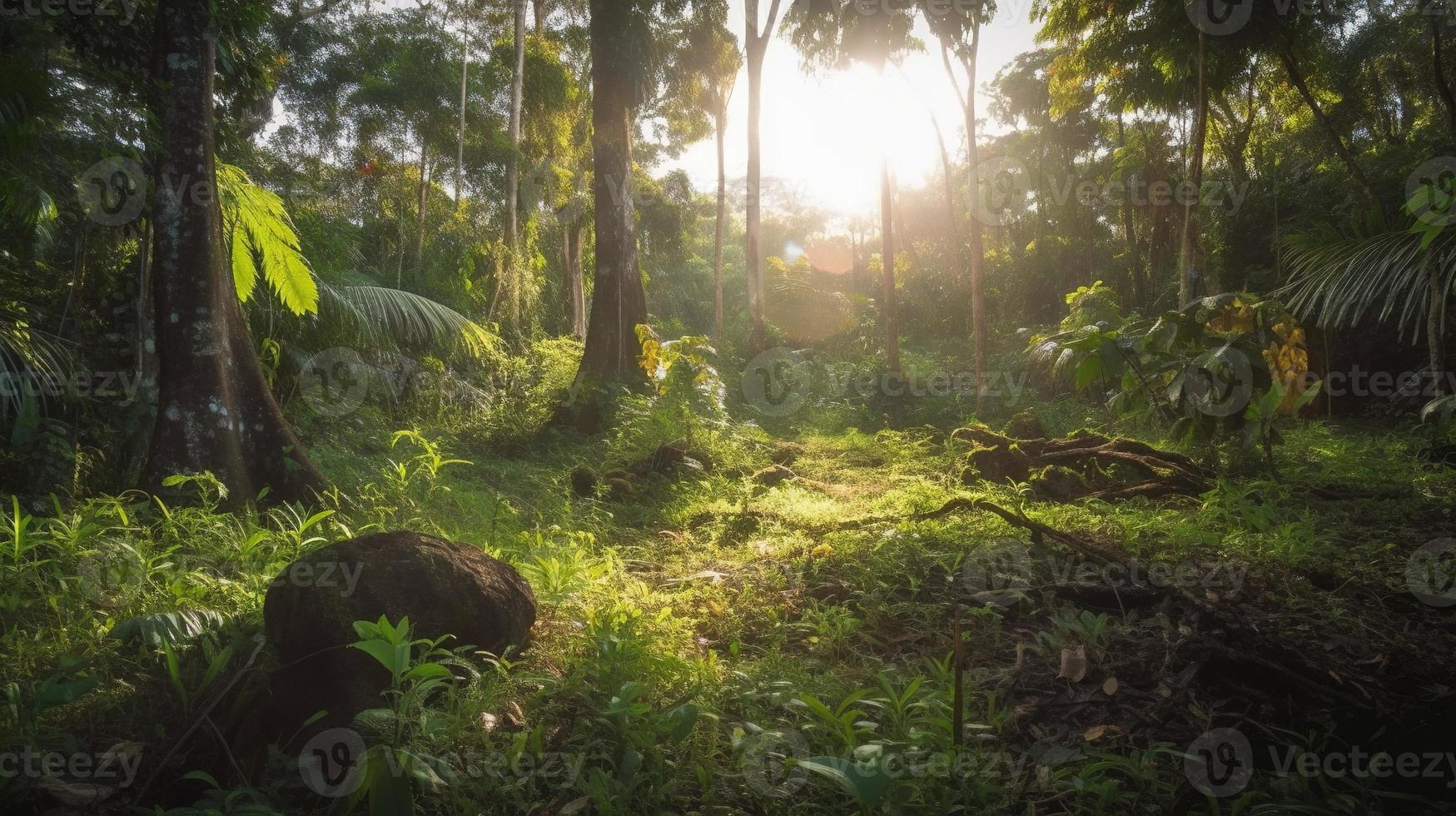 un' tranquillo, calmo foresta radura bagnata nel caldo luce del sole, circondato di alto alberi e lussureggiante fogliame, con un' dolce ruscello gocciolante attraverso il sottobosco e un' lontano montagna gamma visibile foto