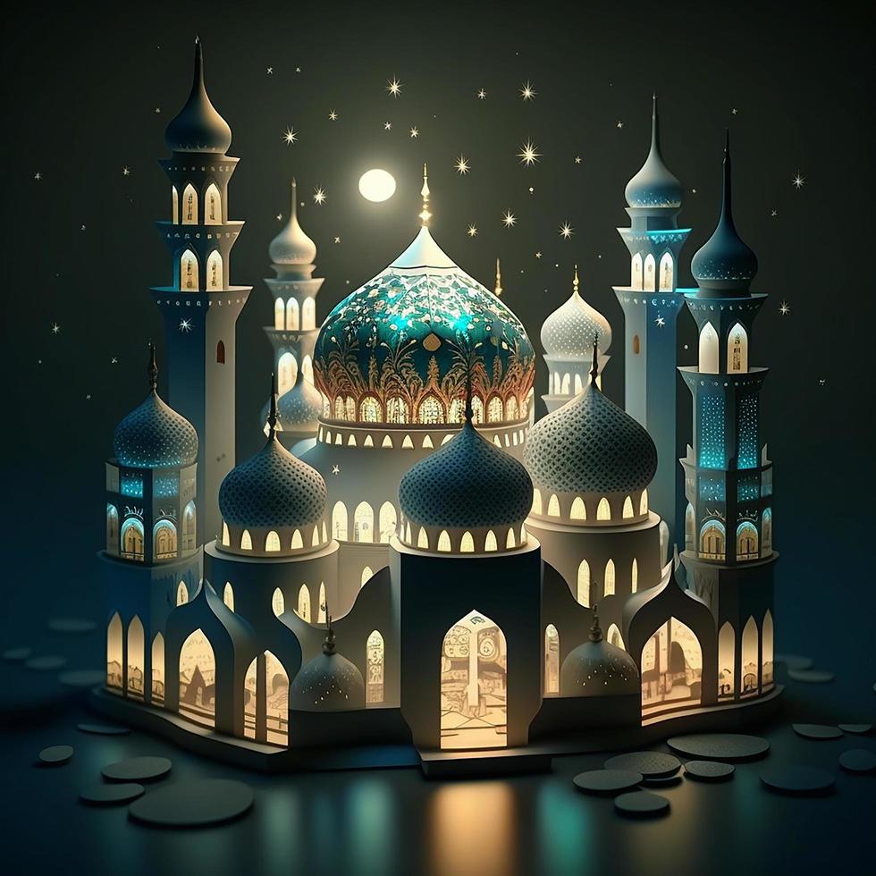 islamico saluti Ramadan kareem carta design sfondo con bellissimo oro e 3d moschea foto