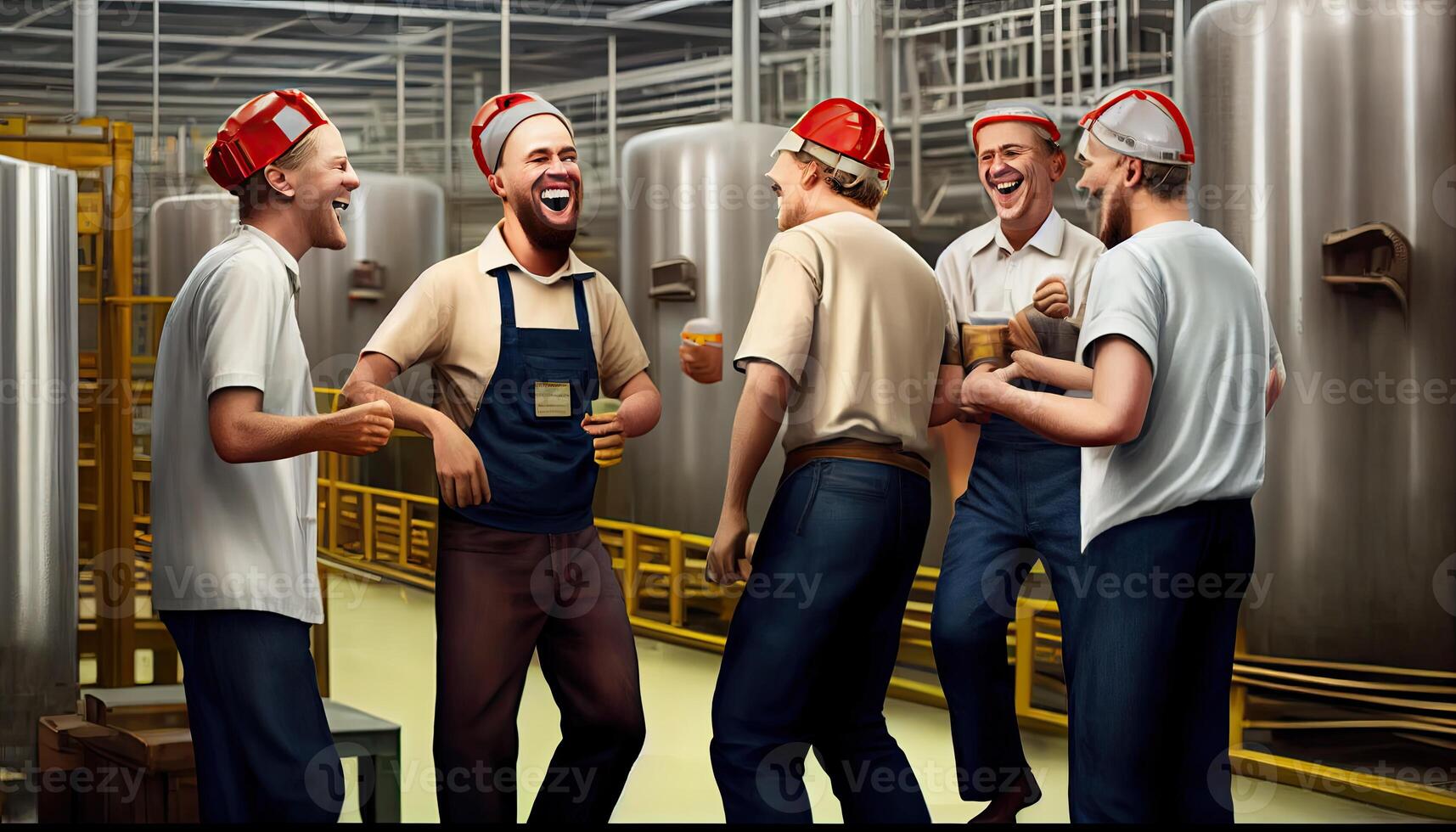 lavoratori parlando e ridendo a un' fabbrica lavoro duro e faticoso giorno e il importanza di lavoratori ai generato foto