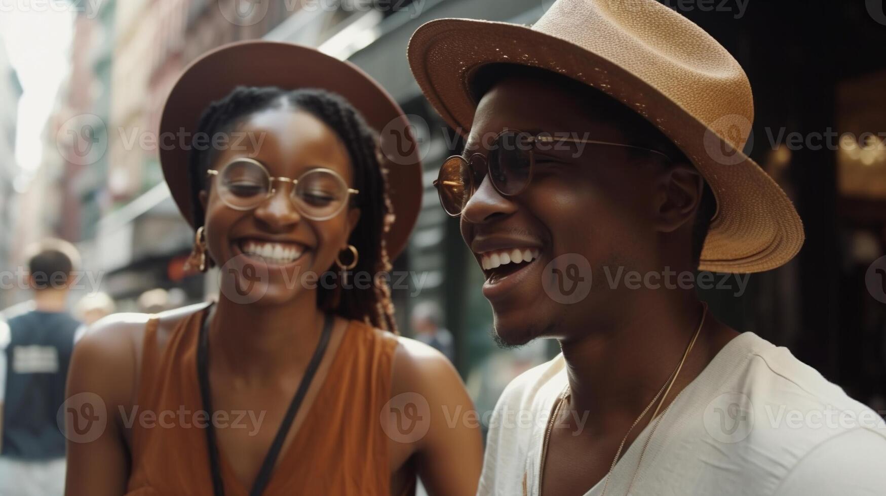 in vacanza attraente giovane africano americano coppia a piedi attraverso il strade di Europa - generativo ai. foto