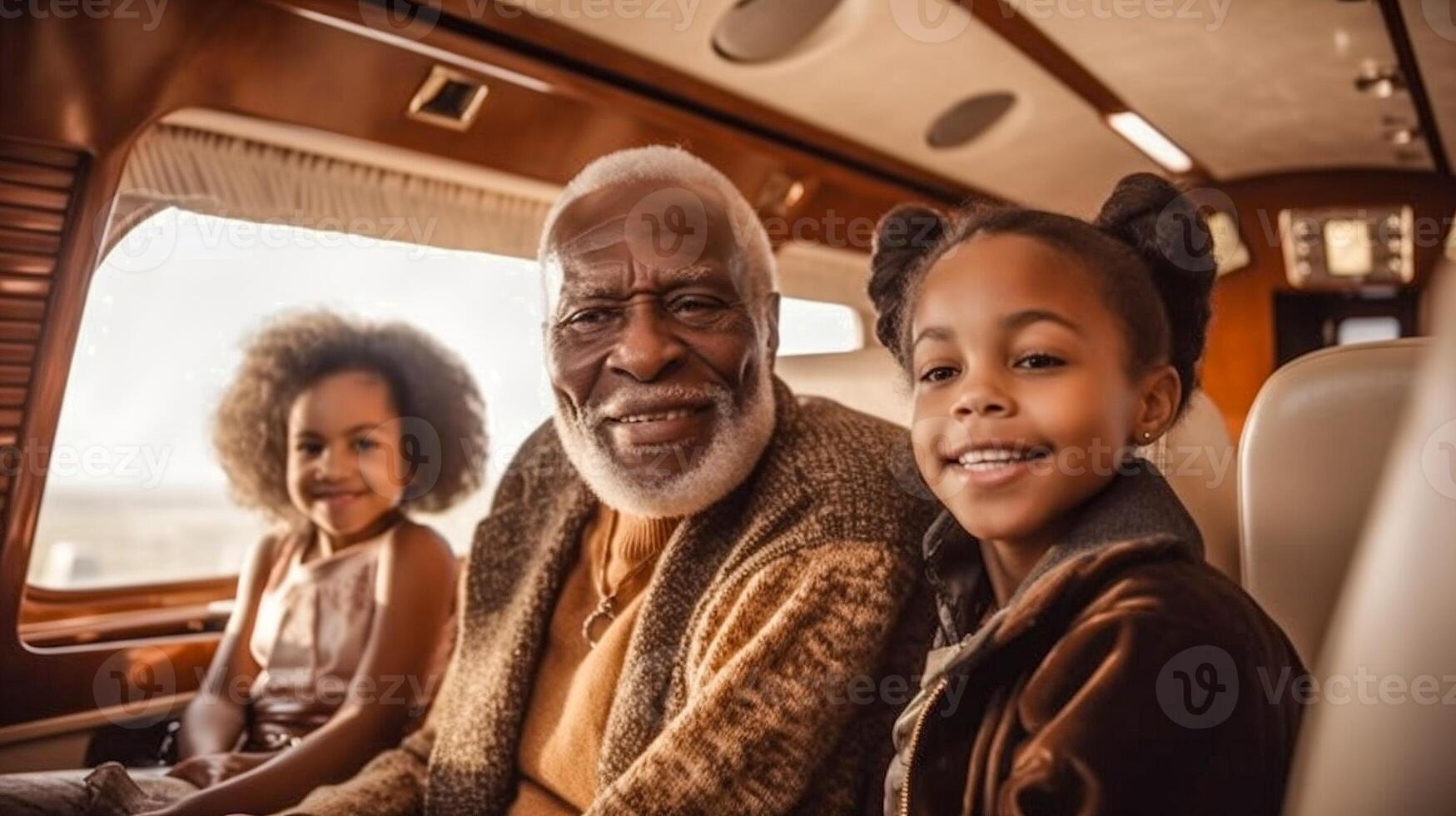 anziano riuscito africano americano nonno e bambini nel loro privato esecutivo lusso Jet - generatvie ai. foto