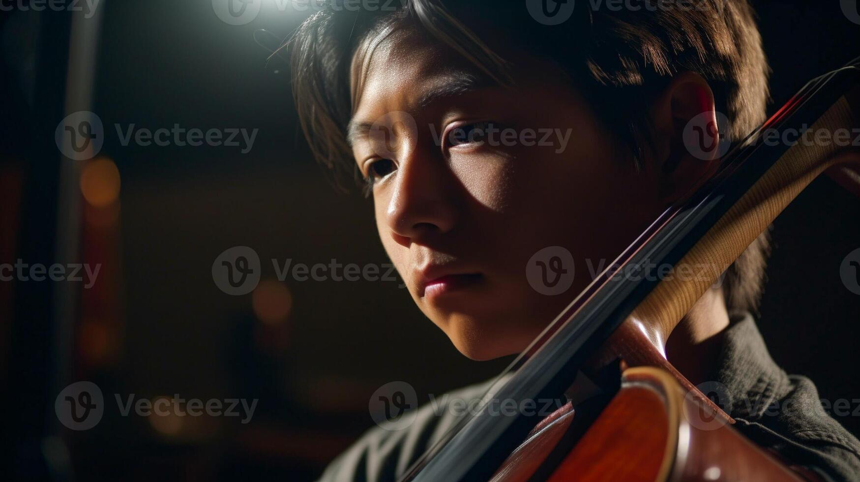 giovane asiatico ragazzo giocando il suo violoncello a il concerto sala sotto drammatico luci - generatvie ai. foto