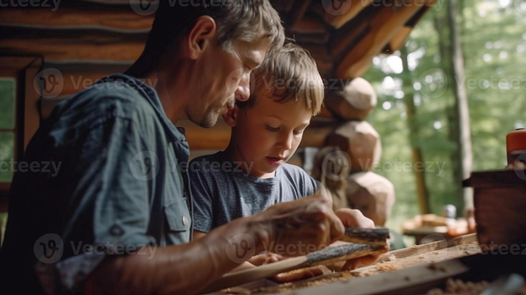 giovane padre e figlio opera su un' legna canoa progetto insieme a loro cabina - generatvie ai. foto