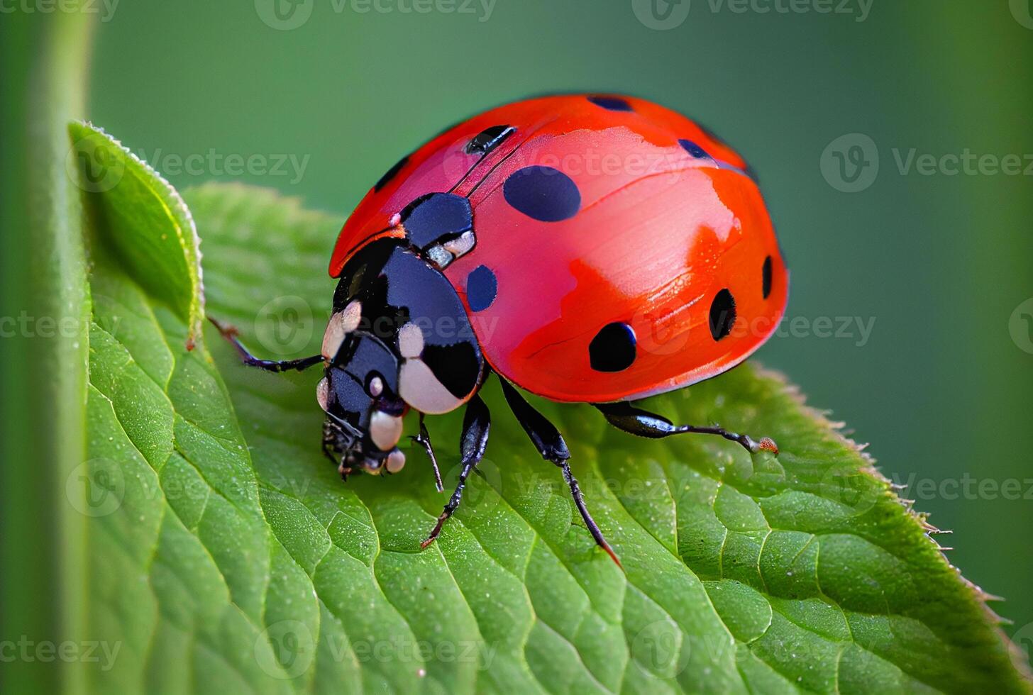 rosso coccinella riposo su un' verde foglia - generativo ai. foto