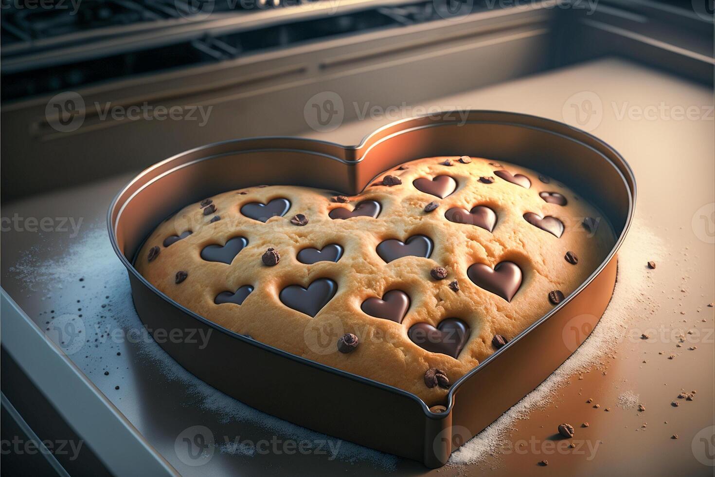 cuore sagomato San Valentino giorno biscotto cottura al forno padella fresco su di il forno nel caldo cucina - generativo ai. foto