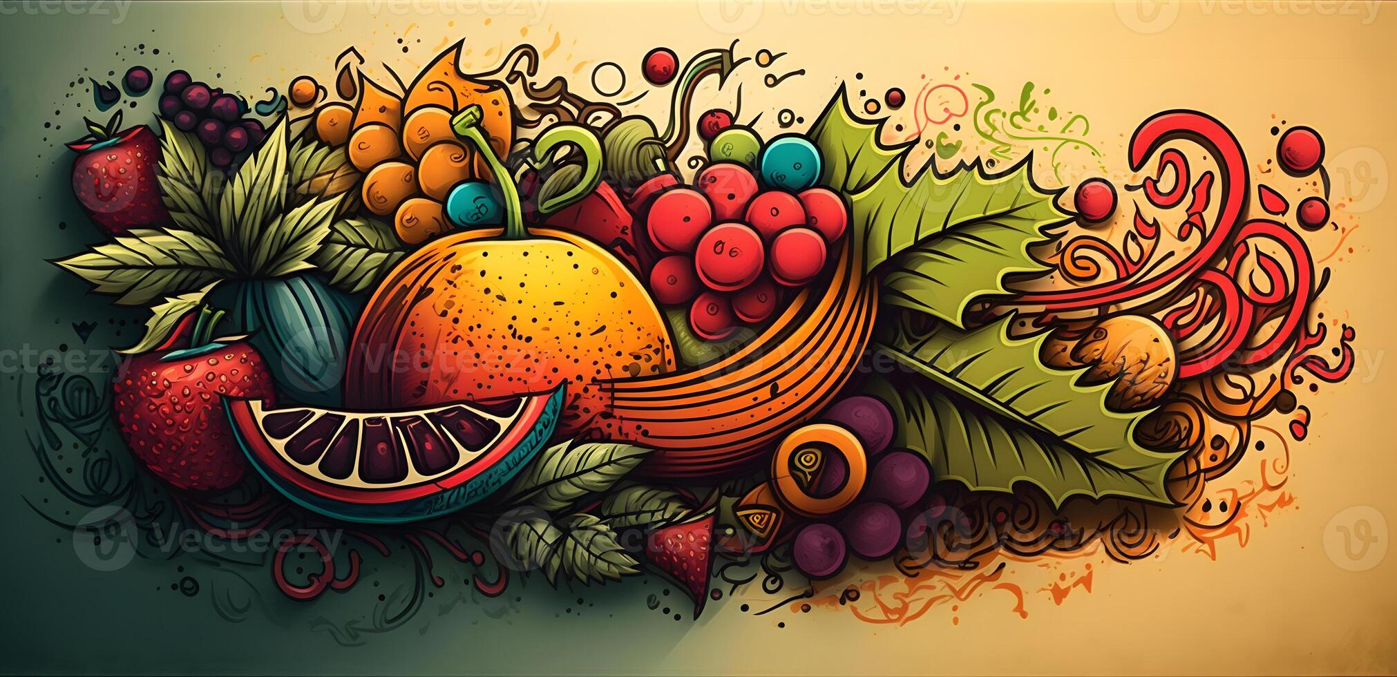 frutta graffiti sfondo, mescolare frutta scarabocchio con strada arte stile , ai generato foto
