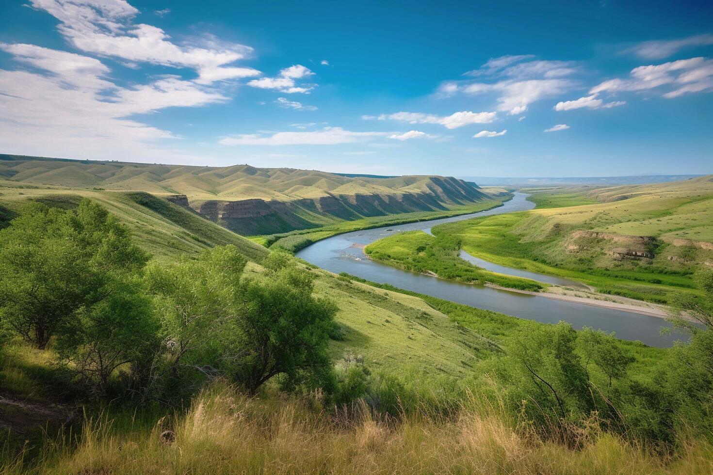 bellissimo fiume e verde collina, ai generato foto