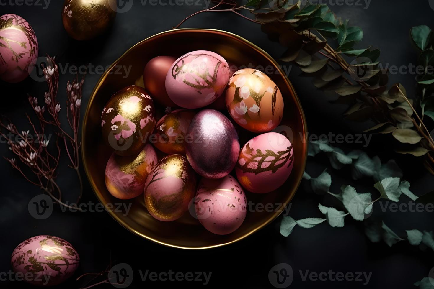 oro e rosa decorato Pasqua uova dipinto di mano circondato di peonie, Pasqua, elegante minimo composizione, piatto posare foto