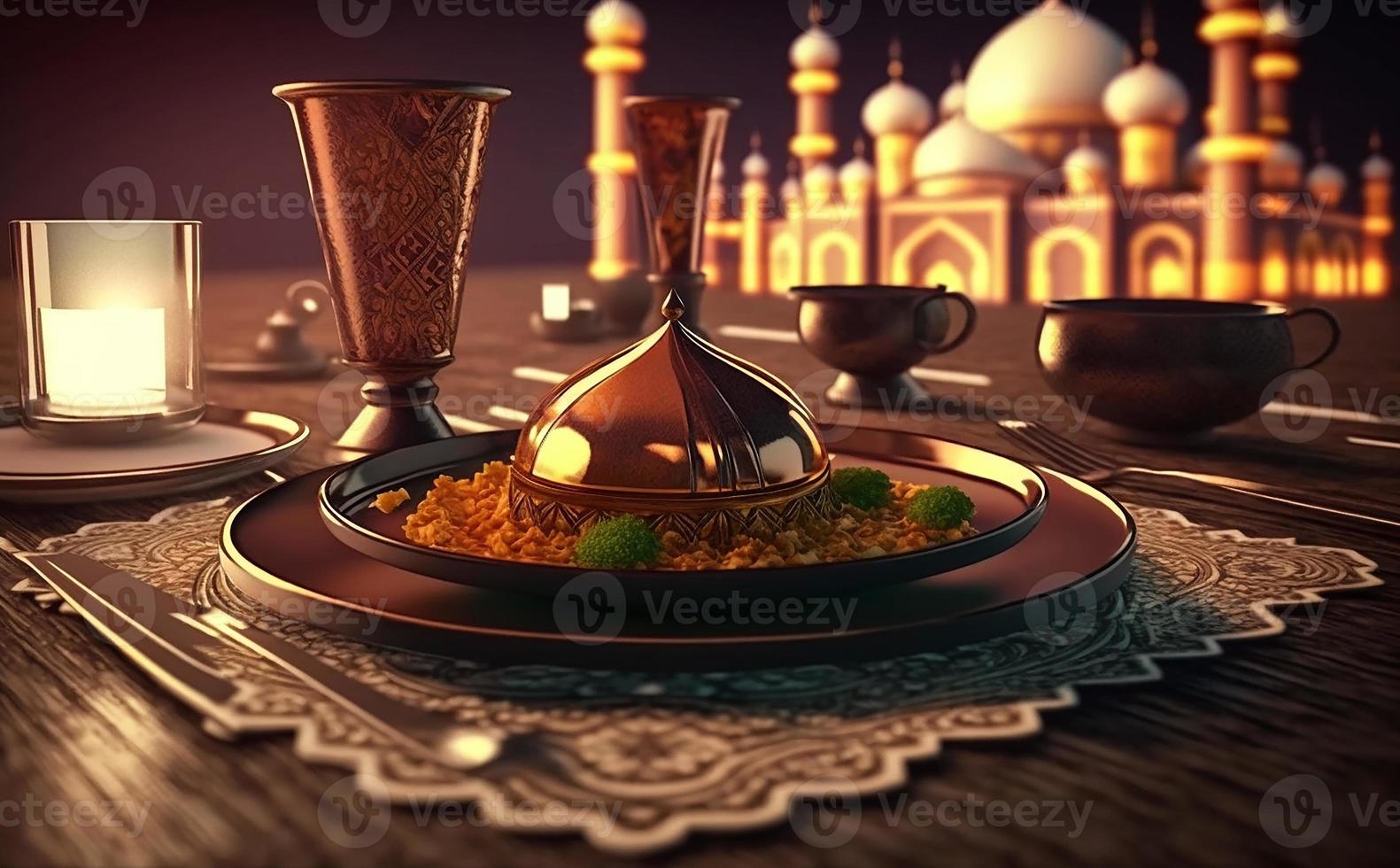 iftar tavolo nel il mese di Ramadan, un' viaggio pieno di varietà di delizioso Arabia arabo cibo, il mese di Ramadan, Ramadan kareem, Ramadan lanterna, il sfondo di il moschea. foto