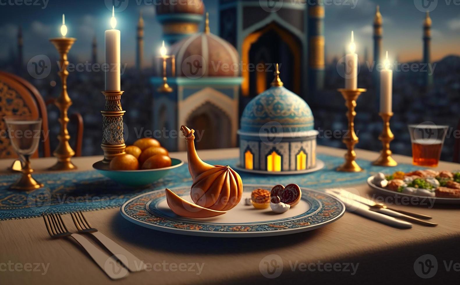 iftar tavolo nel il mese di Ramadan, un' viaggio pieno di varietà di delizioso Arabia arabo cibo, il mese di Ramadan, Ramadan kareem, Ramadan lanterna, il sfondo di il moschea. foto