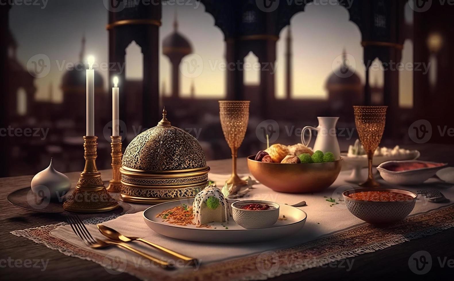 iftar tavolo nel il mese di Ramadan, un' viaggio pieno di varietà di delizioso Arabia arabo cibo, il mese di Ramadan, Ramadan kareem, Ramadan lanterna, il sfondo di il moschea. foto