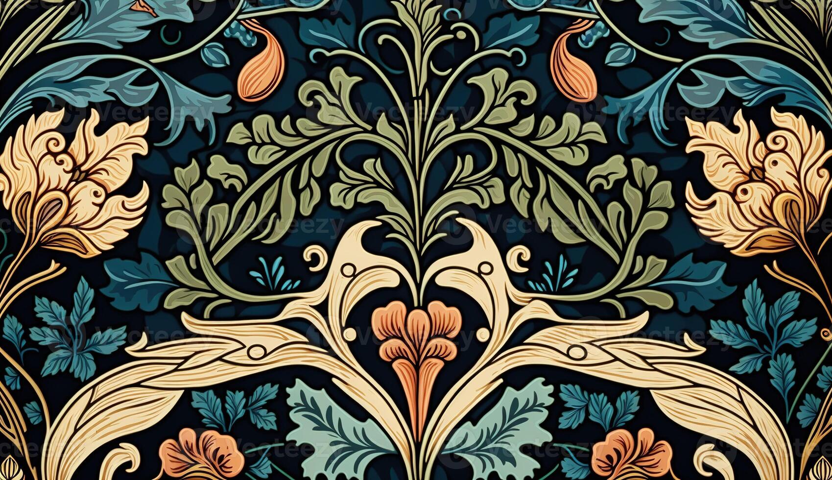 generativo ai, floreale colorato modello. William morris ispirato naturale impianti e fiori sfondo, Vintage ▾ illustrazione. popolare stile foto