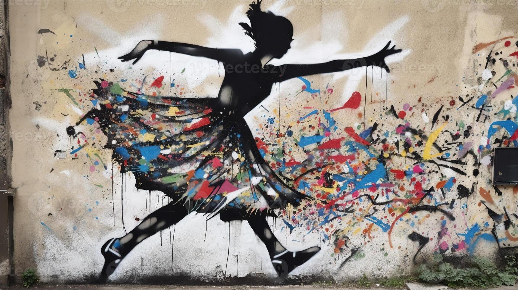 generativo ai, danza donna o ragazza, dinamico movimento. inchiostro dipingere colorato spruzzi strada graffiti arte su un' strutturato carta Vintage ▾ sfondo, ispirato di Banksy. foto