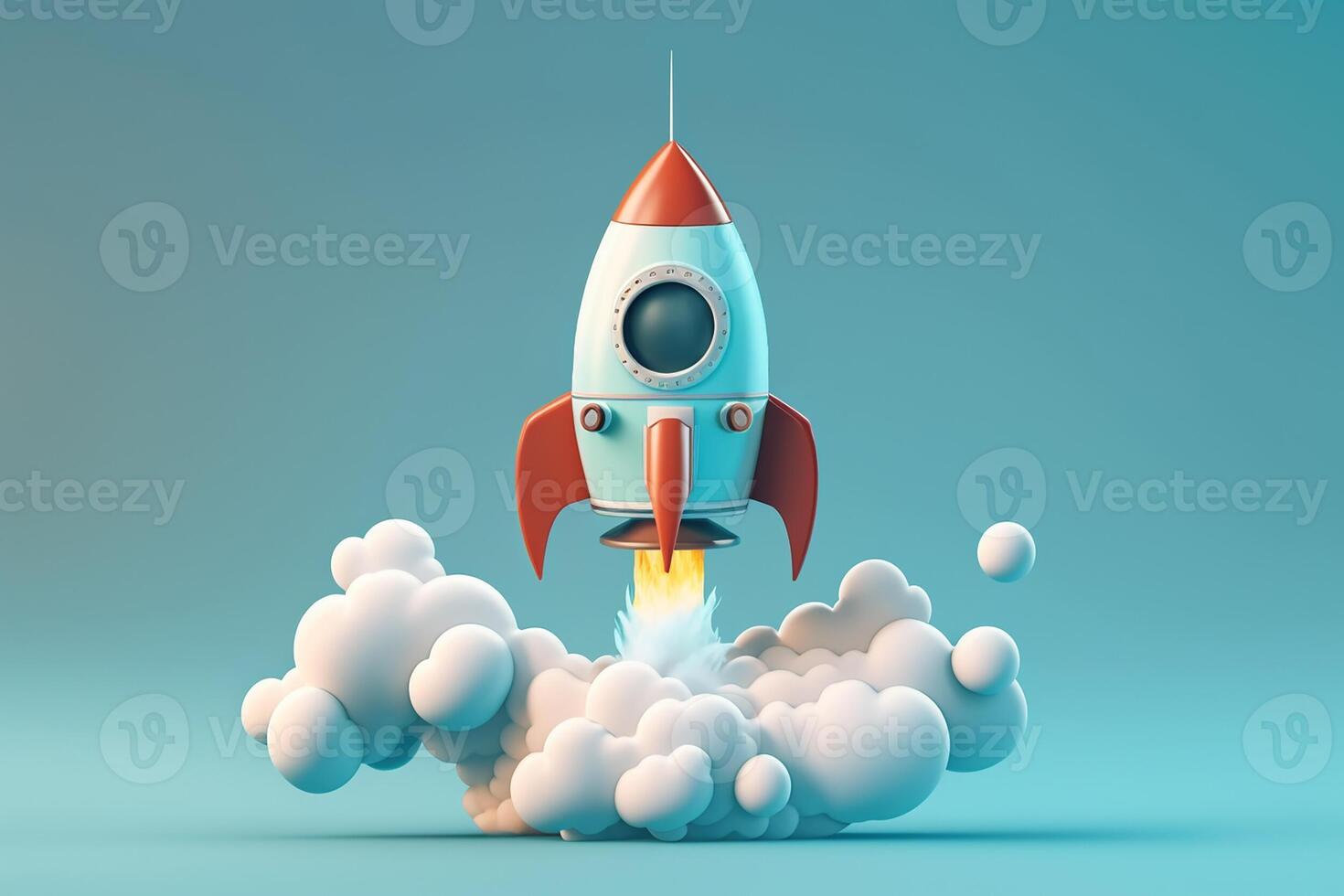 cartone animato razzo lancio su leggero blu sfondo con sfera nube, davanti Visualizza. concetto di avviare attività commerciale assunzione spento. generativo ai. foto