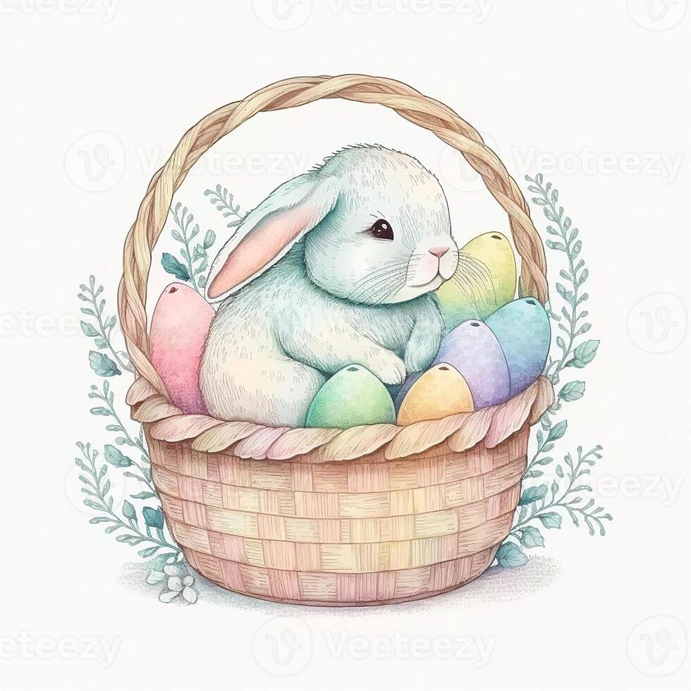 carino lop dalle orecchie coniglietto nel Pasqua uovo cestino. generativo ai. foto