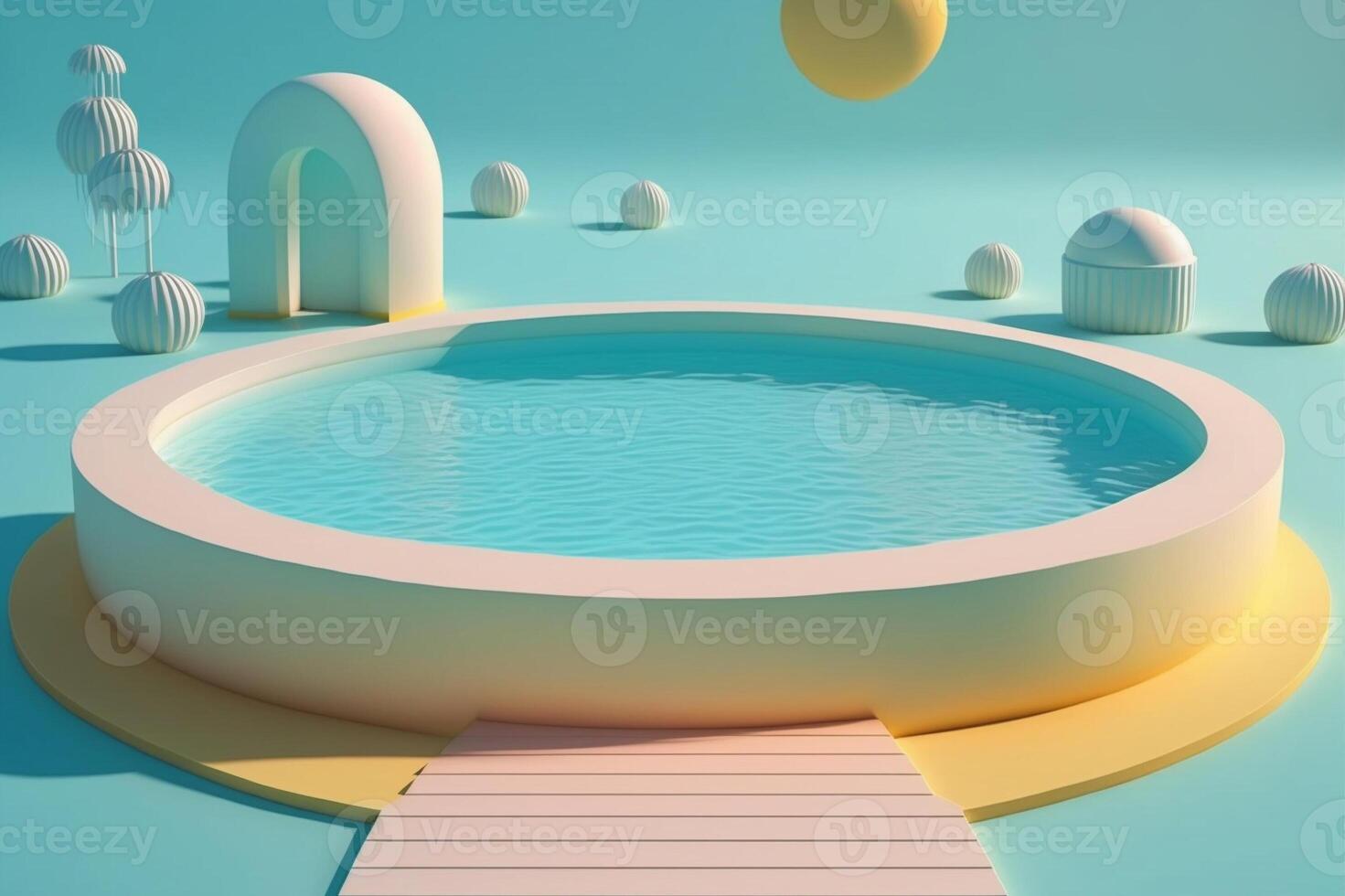 illustrazione di il giro piscina Schermo e geometrico decorazione nel il indietro su leggero blu sfondo. generativo ai. foto