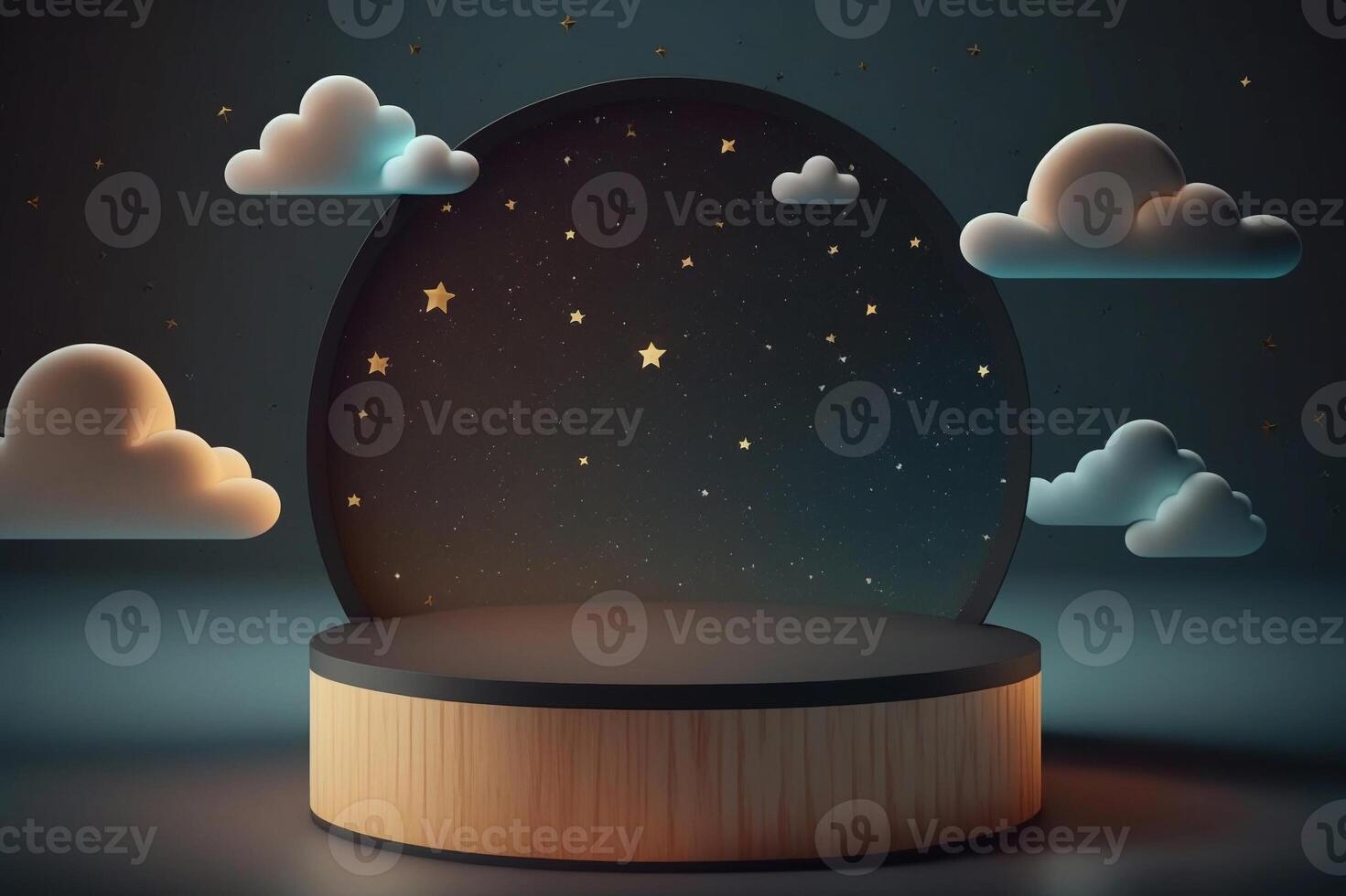 illustrazione di di legno Schermo podio con stellato cielo arco e cartone animato nube sfondo modello. generativo ai. foto