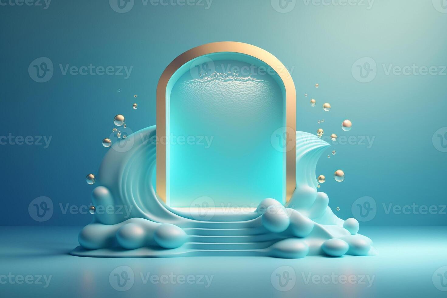 illustrazione d'oro arco con fluido Schermo podio. scintillante bolle galleggiante intorno a. generativo ai. foto