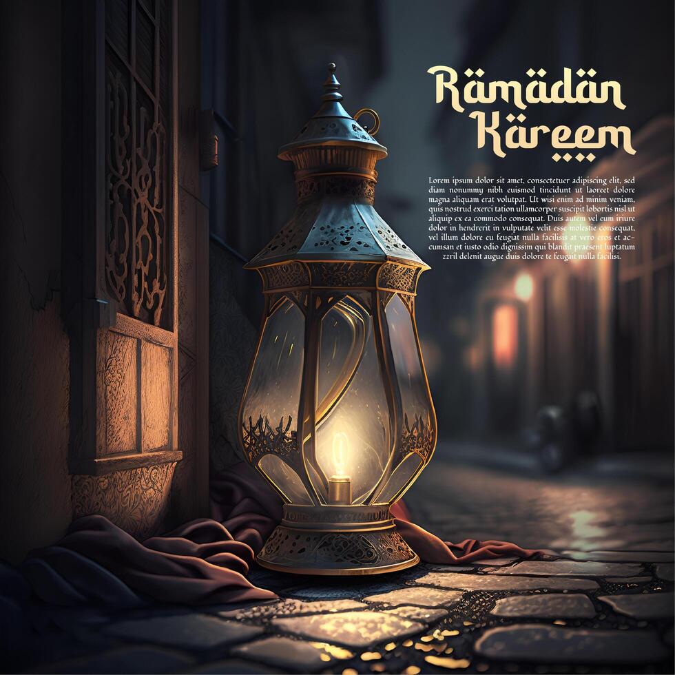 realistico islamico saluti Ramadan kareem carta design sfondo con bellissimo lanterna - ai generato Immagine foto