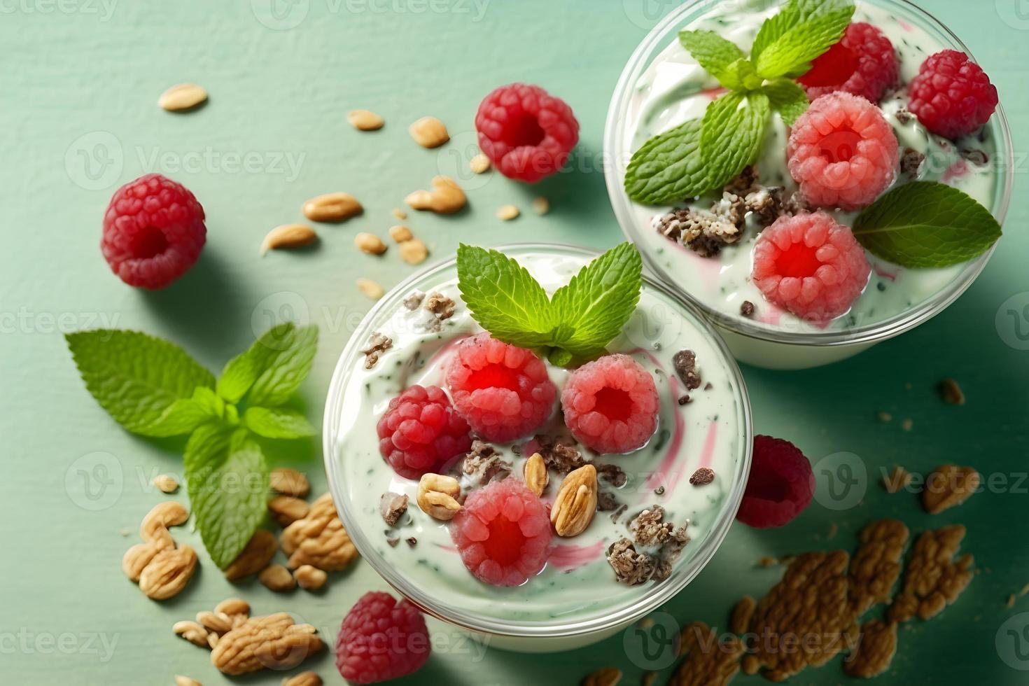 salire e brillare con un' scoppiare di berrylicious gusto fatti in casa Yogurt ciotola sormontato con succoso lamponi, paffuto mirtilli foto