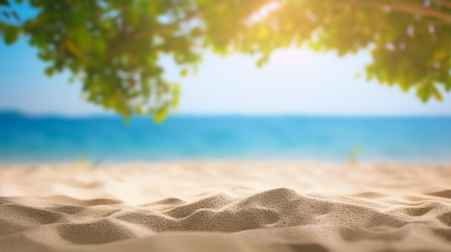 bellissimo estate esotico sabbioso spiaggia con sfocato albero e mare su sfondo generativo ai foto