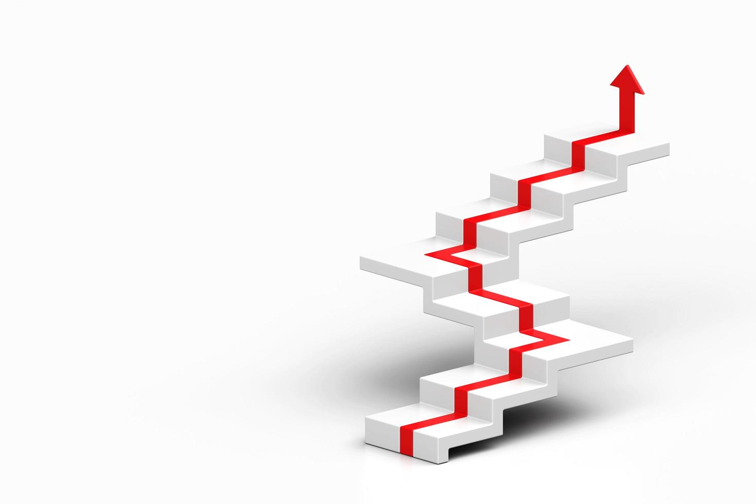 rosso freccia a seguire il le scale di crescita su bianca sfondo, 3d freccia arrampicata su al di sopra di un' scala , 3d le scale con freccia andando verso l'alto, 3d interpretazione foto