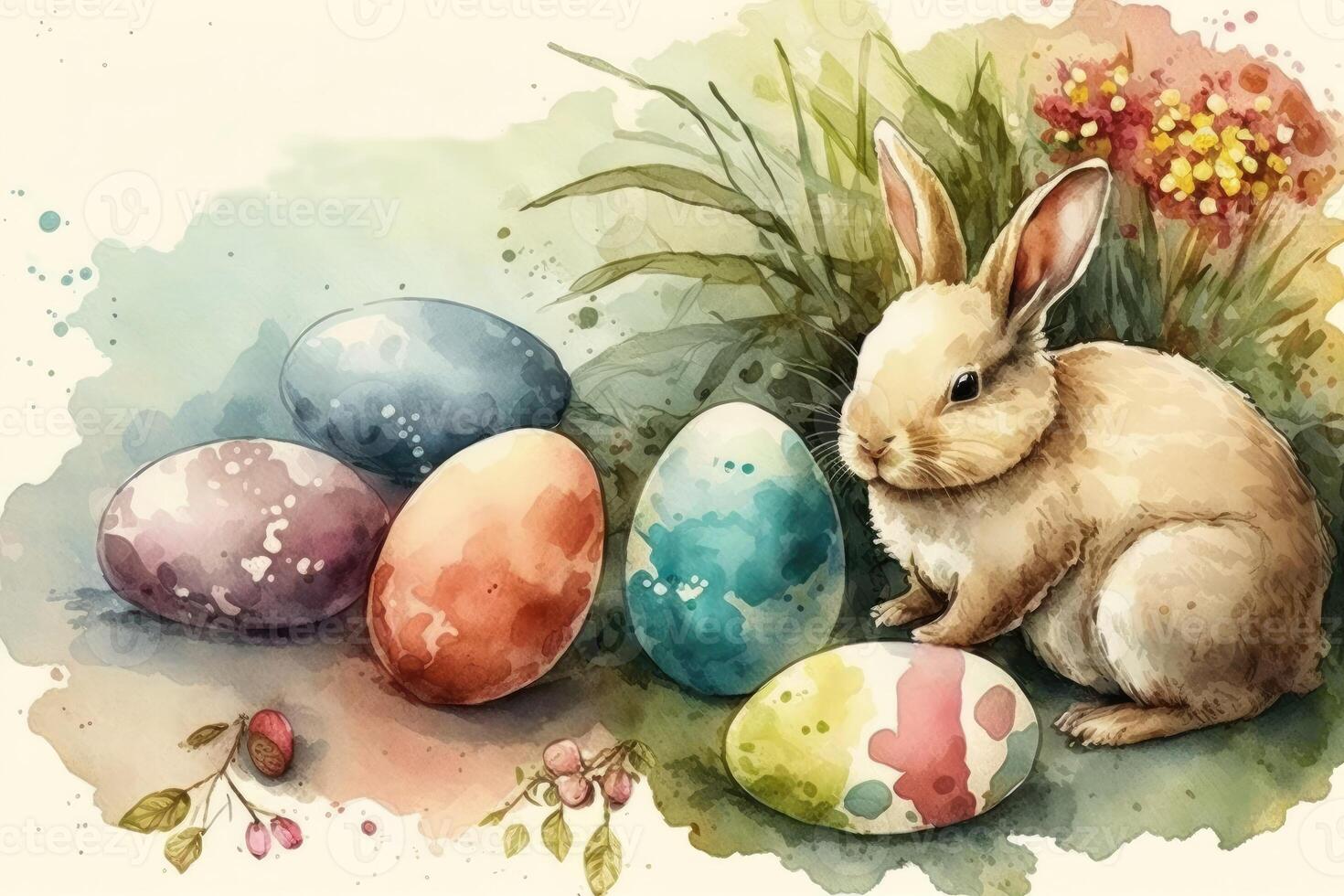 ai generato acquerello pittura contento coniglietto e Pasqua uova cartone animato. Pasqua coniglietto, Pasqua coniglio, Pasqua lepre concetto. foto