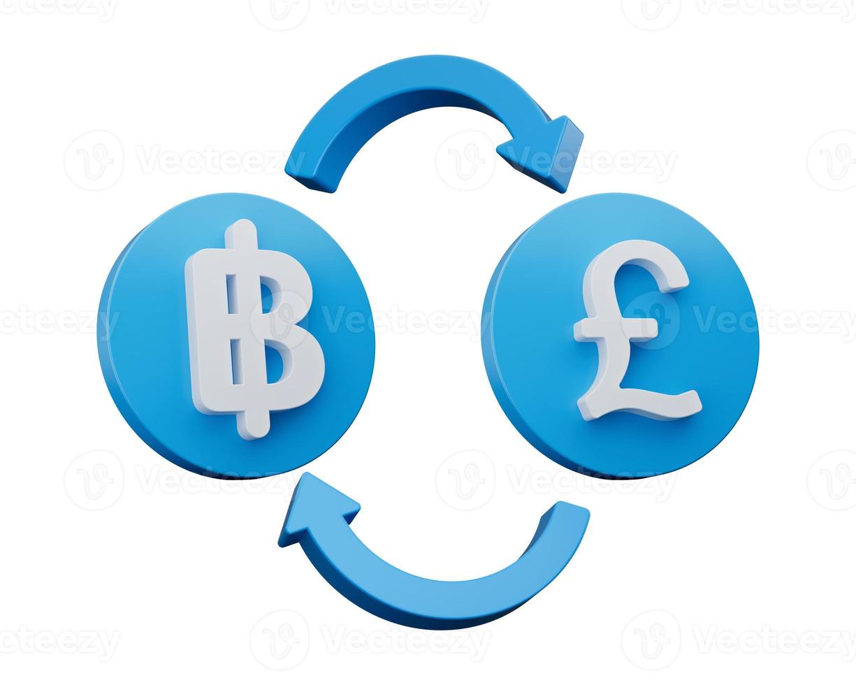 3d bianca baht e libbra simbolo su arrotondato blu icone con i soldi scambio frecce, 3d illustrazione foto