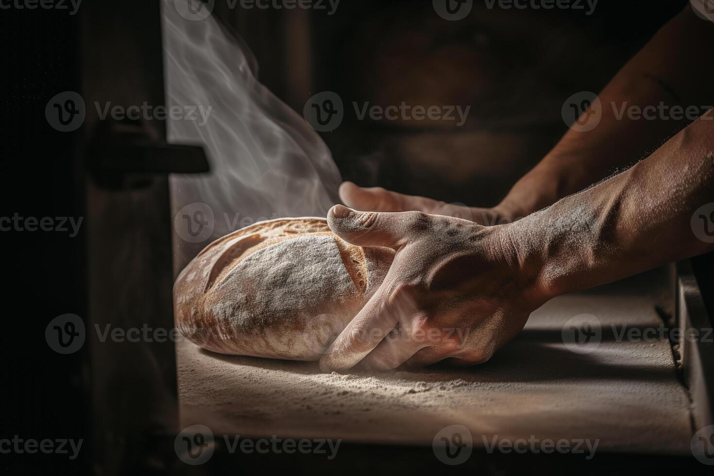 un' panettiere cottura al forno tradizionale, salutare pane nel un' grande forno. salutare vero pane prodotta utilizzando il tradizionale metodo. ai generato foto