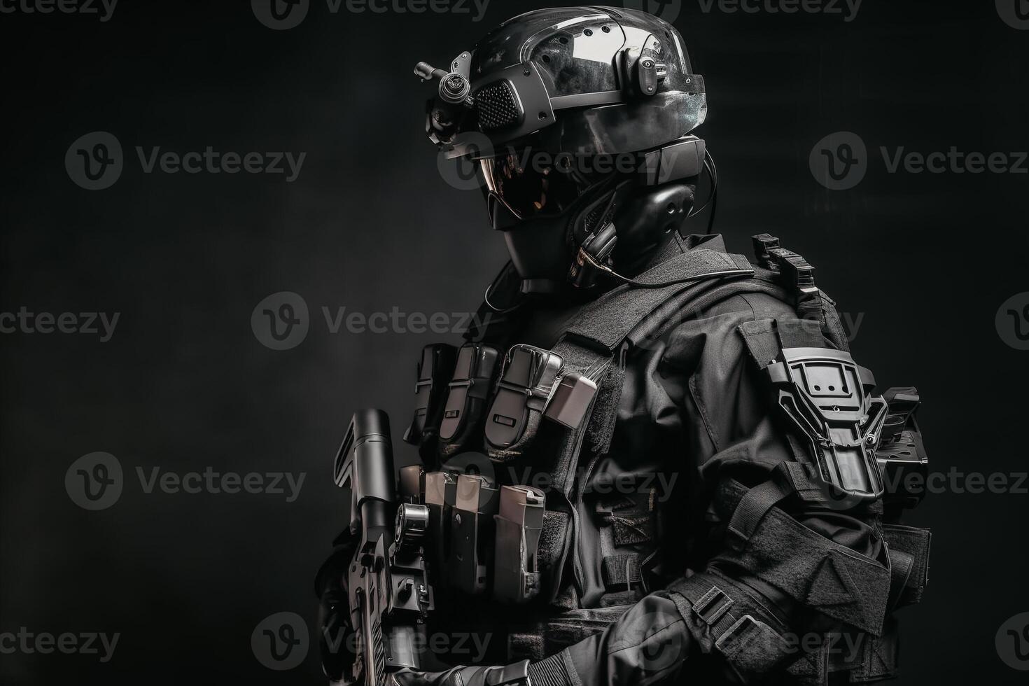 un' prototipo di un' moderno nero militare polizia uniforme per speciale unità. il concetto di futuristico militare soluzioni Spettacoli il futuro di armamenti. ai generato foto