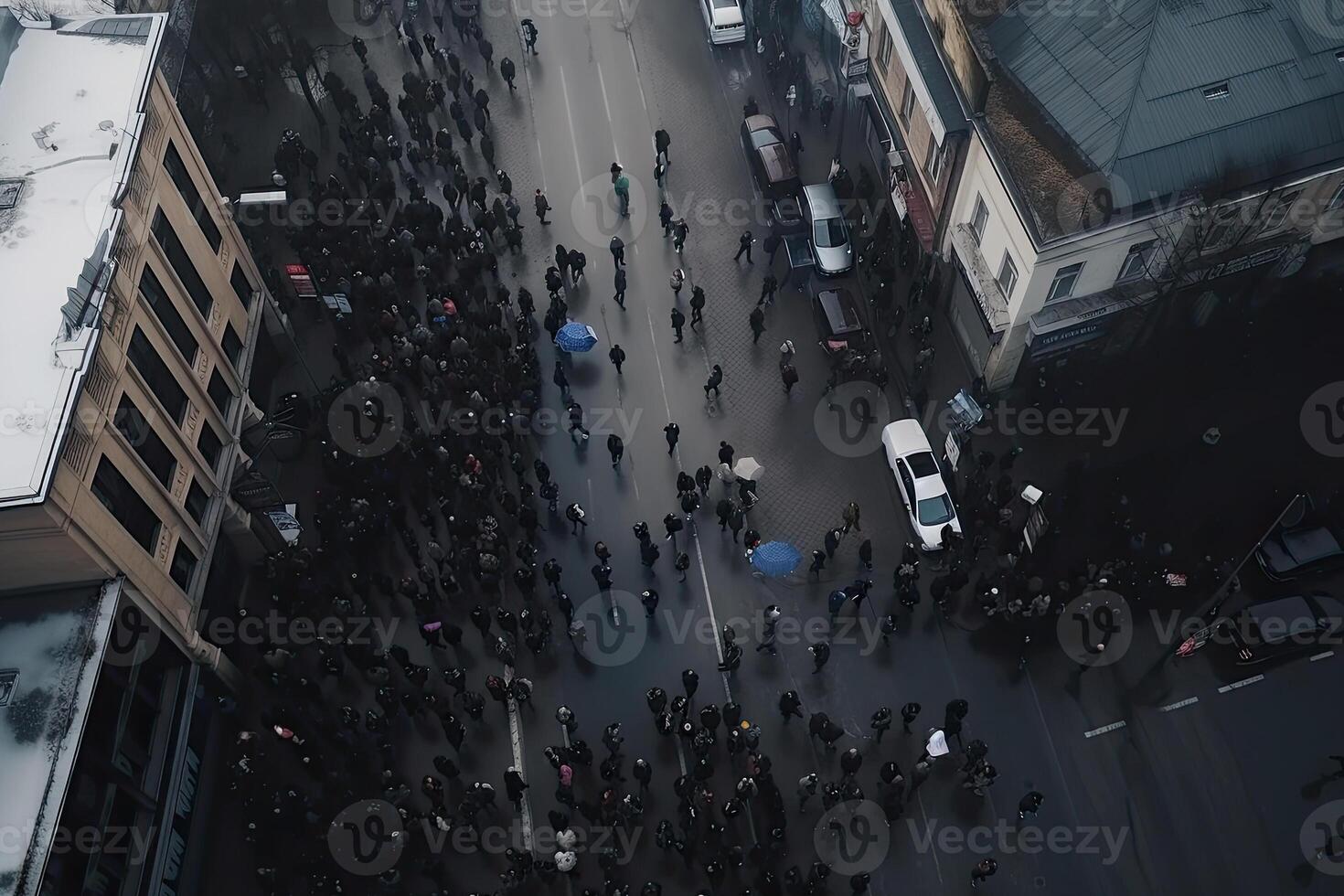 protestare folla a città strada. protestare persone in marcia a città, aereo Visualizza. sociale i problemi nel società, lotta per diritti. protesta attivisti. folla con raccolta pugni. generativo ai foto