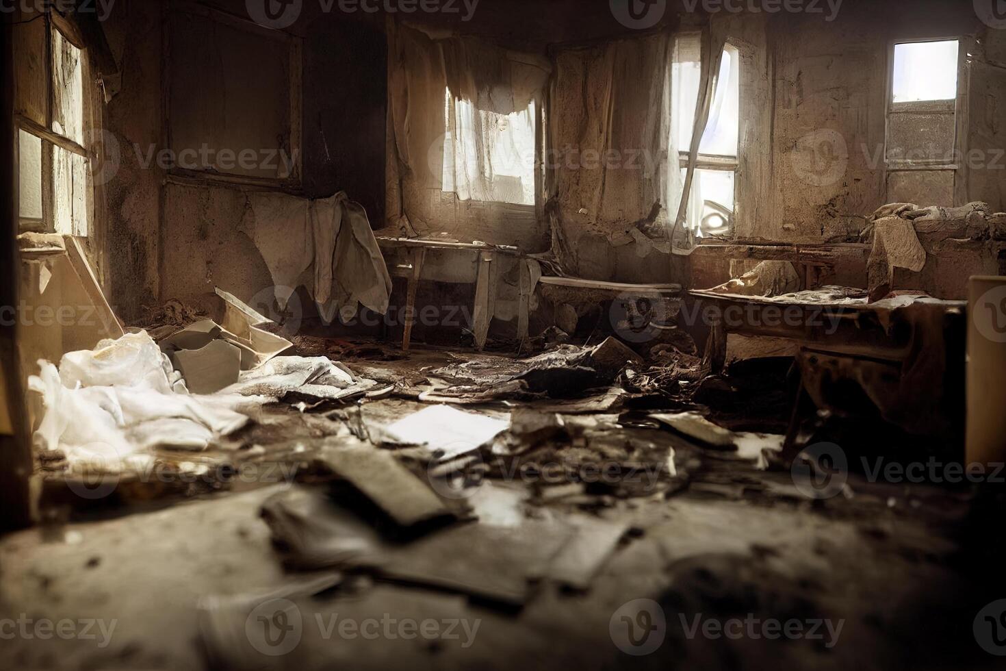 illustrazione di un perso posto vecchio cadente Casa interno Visualizza foto