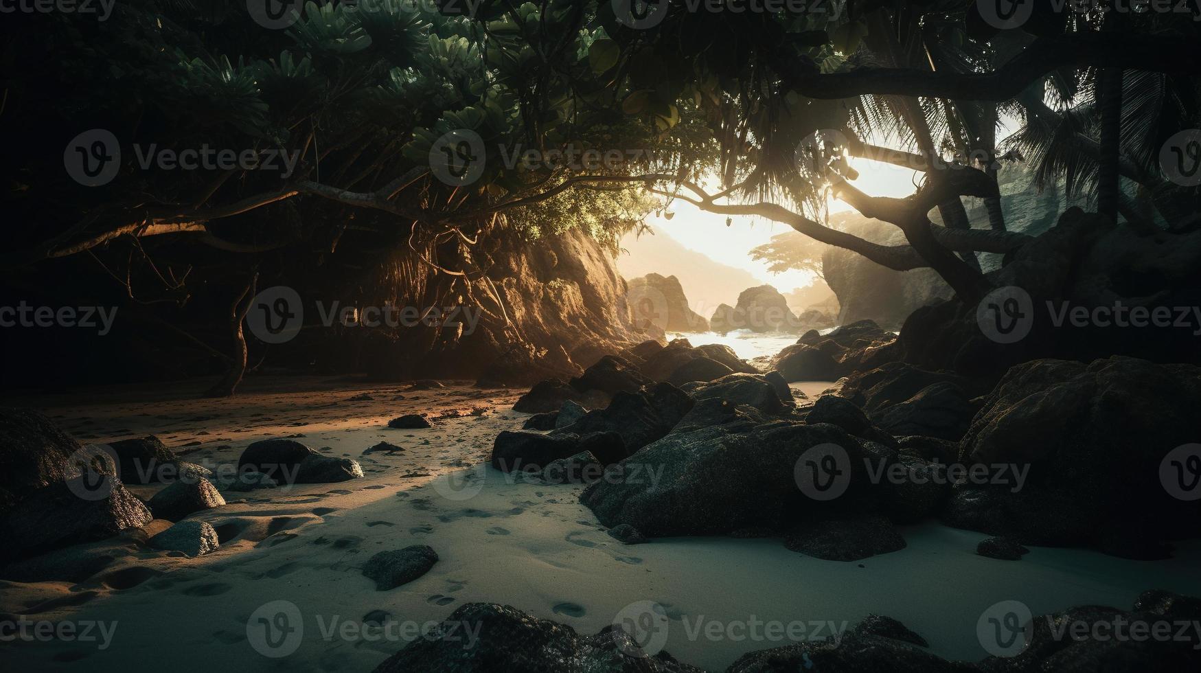 tropicale spiaggia con palma alberi e sabbia dune a tramonto, blu mare foto