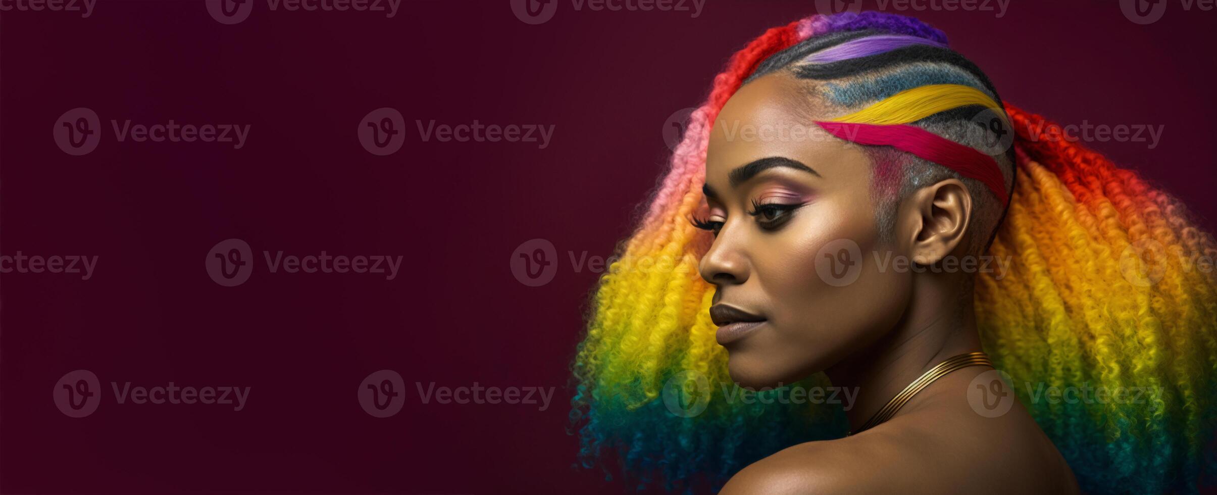 bellissimo persona con arcobaleno capelli. diversità, tolleranza, inclusione concetto. diverso e unico per essere. alla moda, colorato vicino su ritratto. bandiera con copia spazio. generativo ai. foto