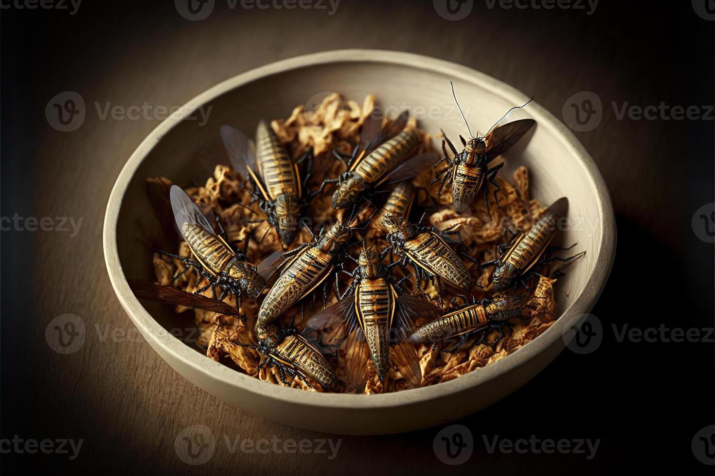 fritte commestibile insetti su un' piatto. grilli come merenda, bene fonte di proteina. entomofagia, insettivoro concetto. generativo ai. foto