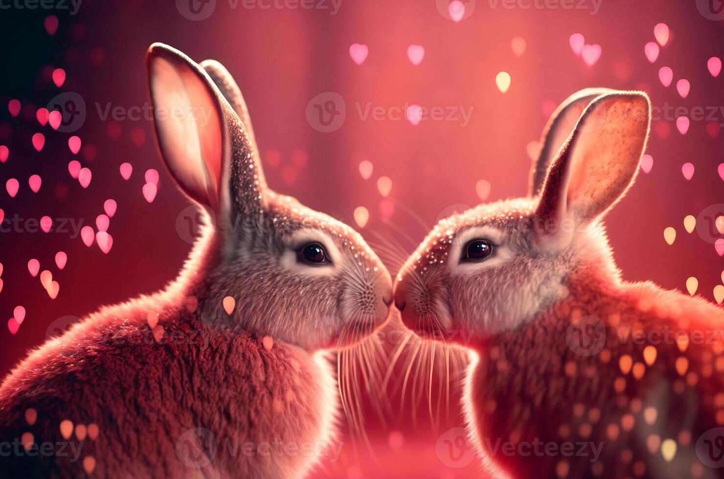 Due coniglietti siamo baciare. bellissimo luce, bokeh effetto. San Valentino giorno, amore. coppia, relazione. cartolina, saluto carta design. generativo ai. foto