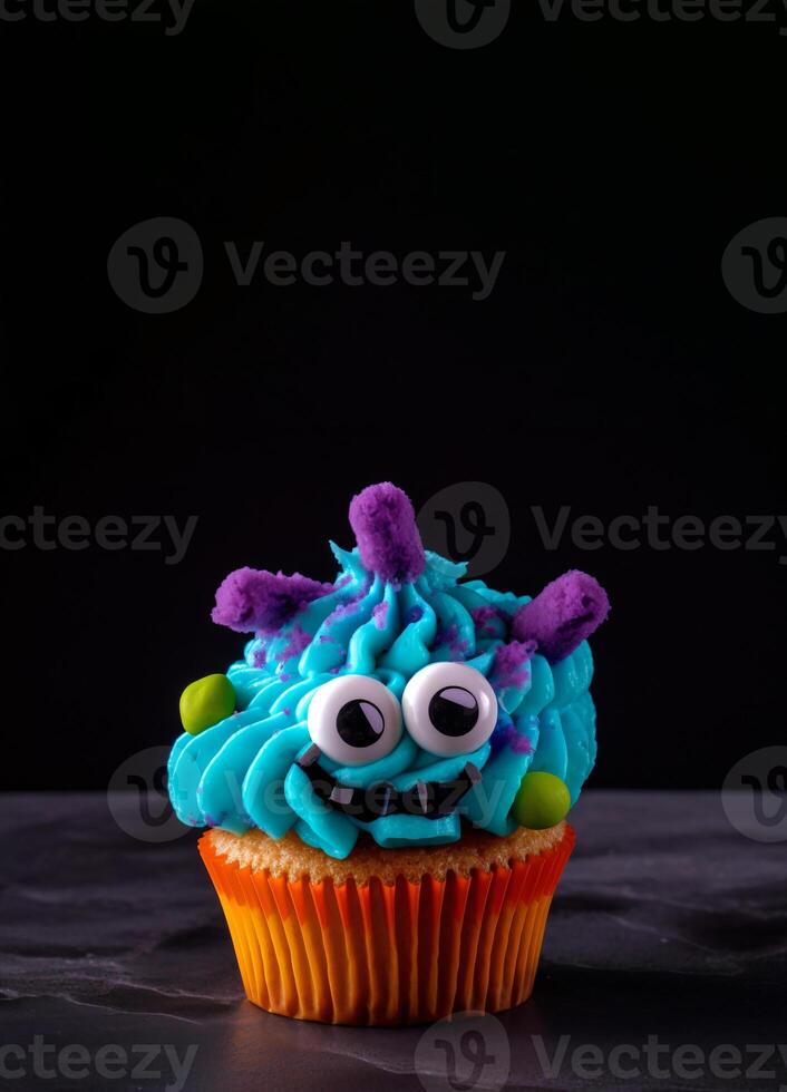 divertente Cupcake per bambini su buio sfondo con copia spazio. contento compleanno, Halloween dolce. figli di festa. vuoto spazio per testo. cartolina, saluto carta design. mostro focaccina. generativo ai. foto